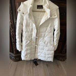 New With Tag Roberto Cavalli HOODED QUILTED COAT white with gold hardware